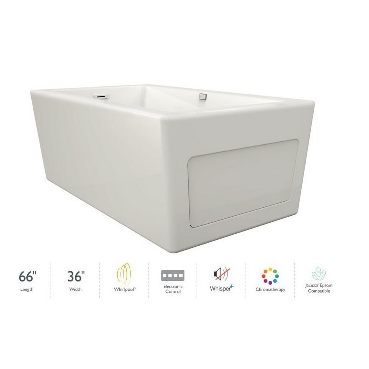 JACUZZI BIF6636WUR2CPWW BIANCA 66 X 36 INCH FREESTANDING ACRYLIC WHIRLPOOL BATHTUB IN WHITE WITH REVERSIBLE DRAIN AND CHROMATHERAPY