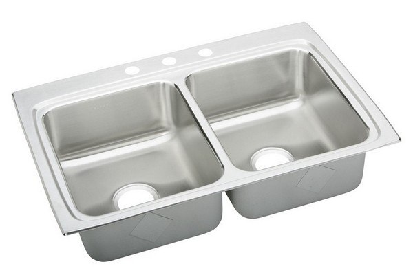 ELKAY LRAD3322553 STAINLESS STEEL 33 L X 22 W X 5-1/2 D DOUBLE BOWL KITCHEN SINK, 3 FAUCET HOLES