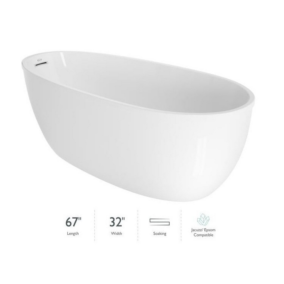 JACUZZI OSF6732BUXXXXG SIGNATURE 67 X 31 1/2 INCH FREESTANDING ACRYLIC SOAKING BATHTUB IN WHITE WITH REVERSIBLE DRAIN AND OVERFLOW