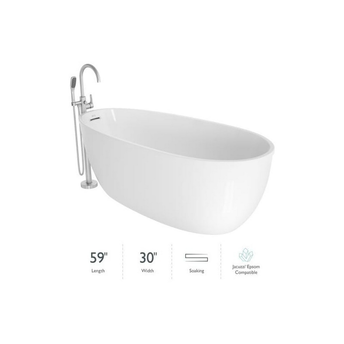 JACUZZI OSN5930BUXXXXG SIGNATURE 59 1/4 X 29 3/4 INCH FREESTANDING ACRYLIC SOAKING BATHTUB IN WHITE WITH TUB FILLER AND HANDSHOWER, REVERSIBLE DRAIN AND OVERFLOW
