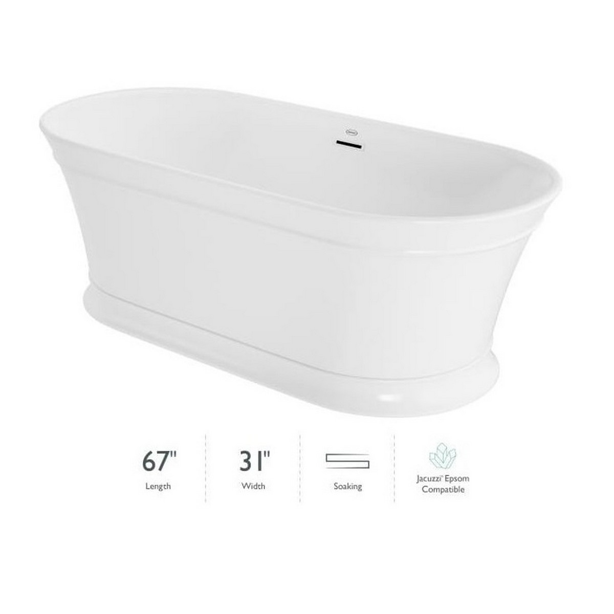 JACUZZI SNF6731BCXXXX SERAFINA 67 X 31 1/2 INCH FREESTANDING ACRYLIC SOAKING BATHTUB IN WHITE WITH CENTER DRAIN AND OVERFLOW