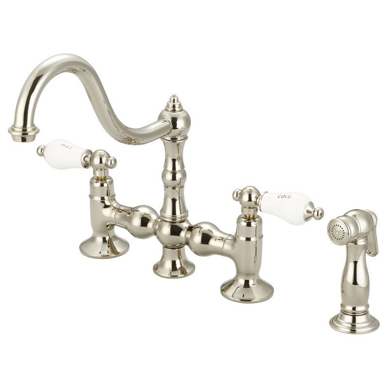 WATER-CREATION F5-0010-CL BRIDGE STYLE KITCHEN FAUCET WITH SIDE SPRAY TO MATCH WITH PORCELAIN LEVER HANDLES, HOT AND COLD LABELS INCLUDED