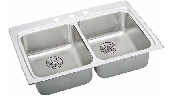 ELKAY LRAD332265PD2 STAINLESS STEEL 33 L X 22 W X 6-1/2 D DOUBLE BOWL KITCHEN SINK WITH PERFECT DRAIN, 2 FAUCET HOLES