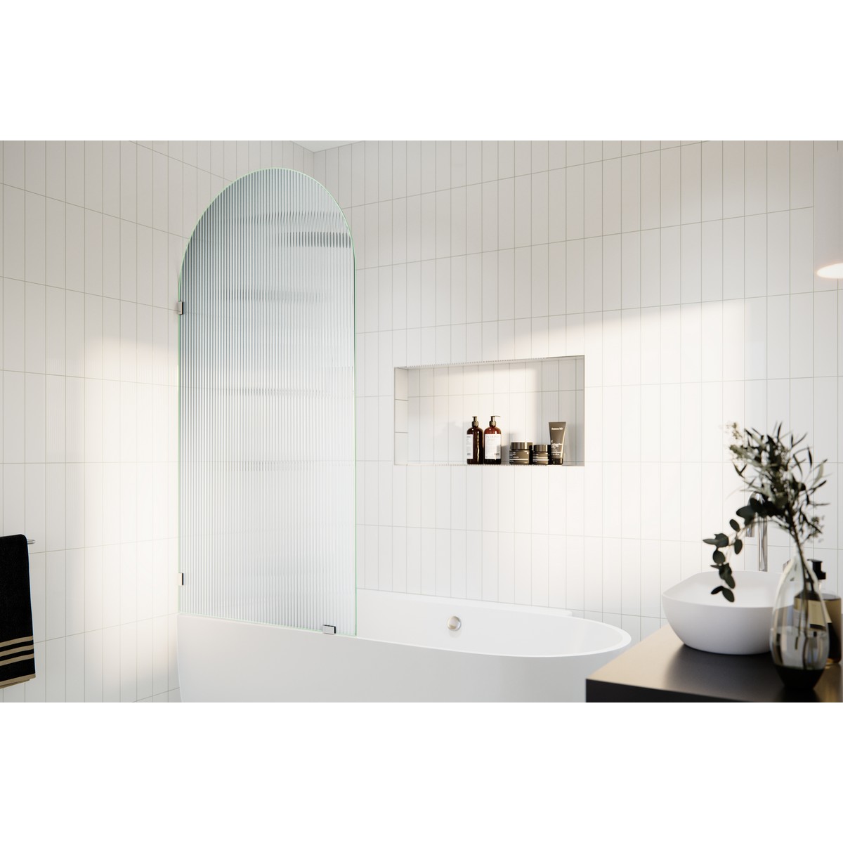 GLASS WAREHOUSE B-FL-ARC-34 MAVEN 34 W X 66 3/4 H SINGLE FIXED FRAMELESS ARCHED FLUTED FROSTED BATHTUB PANEL