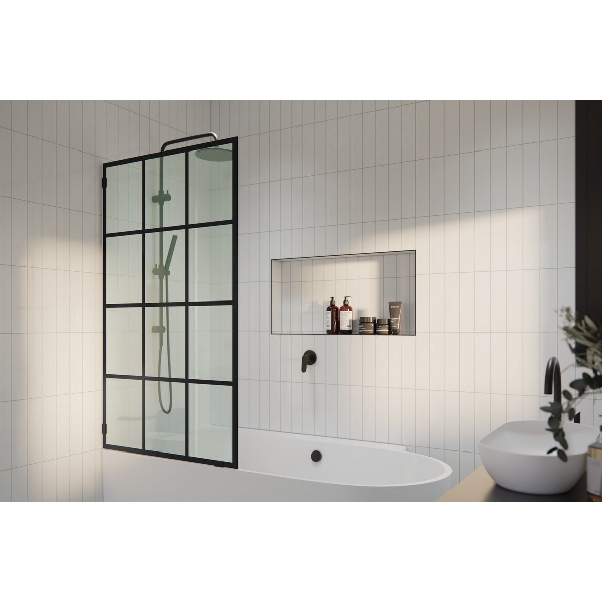 GLASS WAREHOUSE B-FSS-34-MB ESPRIT 34 W X 58 1/4 H FRENCH MONTURE NOIR SINGLE FIXED BATHTUB PANEL IN MATTE BLACK