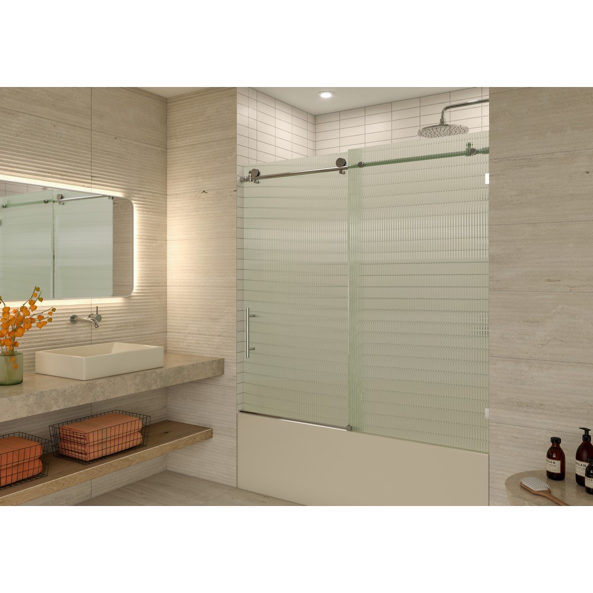 GLASS WAREHOUSE BFLSLD-60 GALAXY 56 - 60 W X 60 H FULLY FRAMELESS FLUTED GLASS SLIDING BATHTUB DOORS