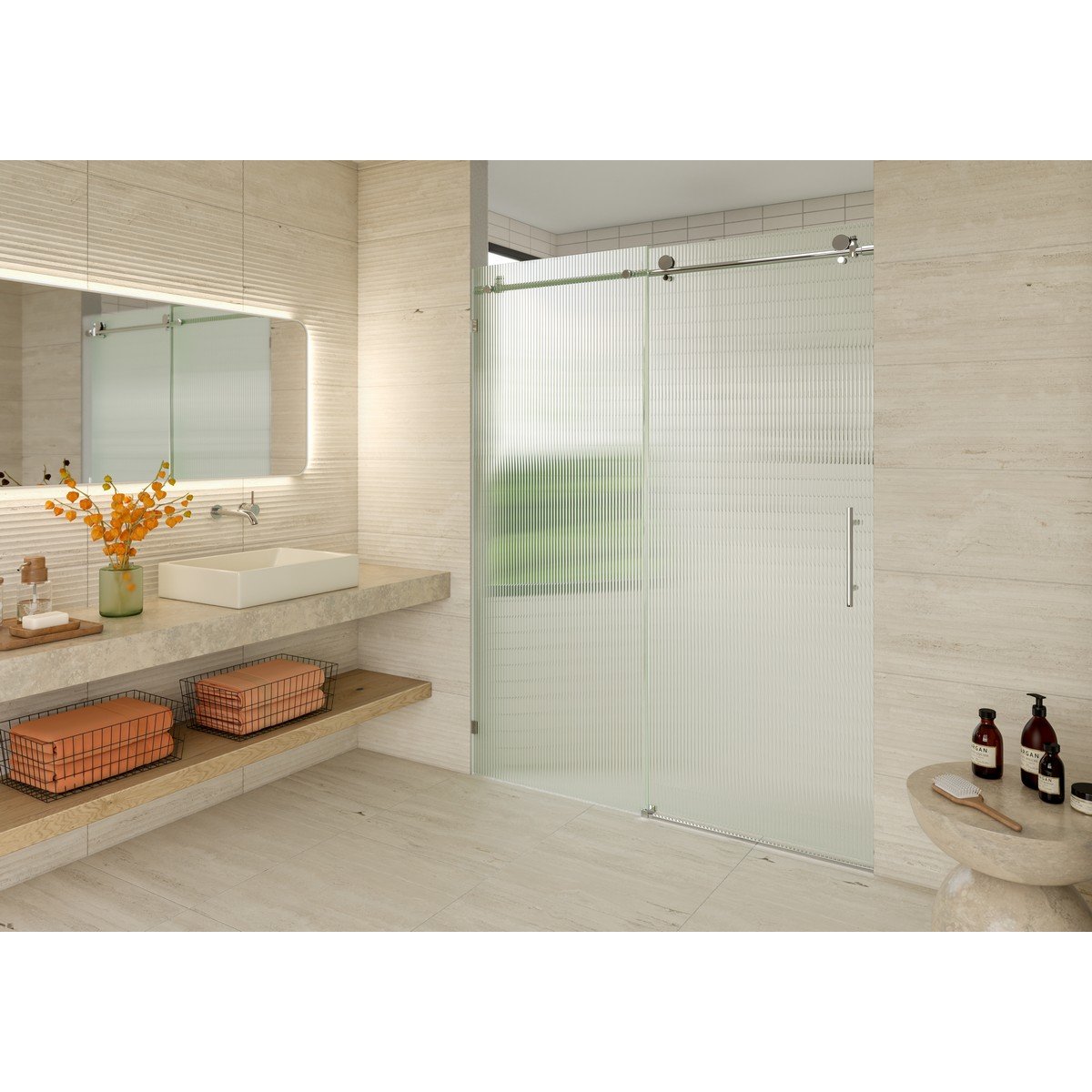 GLASS WAREHOUSE FLSLD-60 GALAXY 56 - 60 W X 78 H FULLY FRAMELESS FLUTED GLASS SLIDING SHOWER DOORS