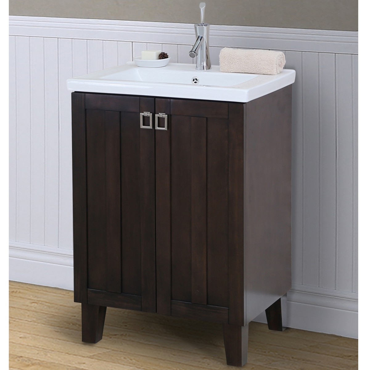 INFURNITURE IN3724-BR 24 INCH SINGLE SINK BATHROOM VANITY IN BROWN WITH THICK EDGE CERAMIC TOP