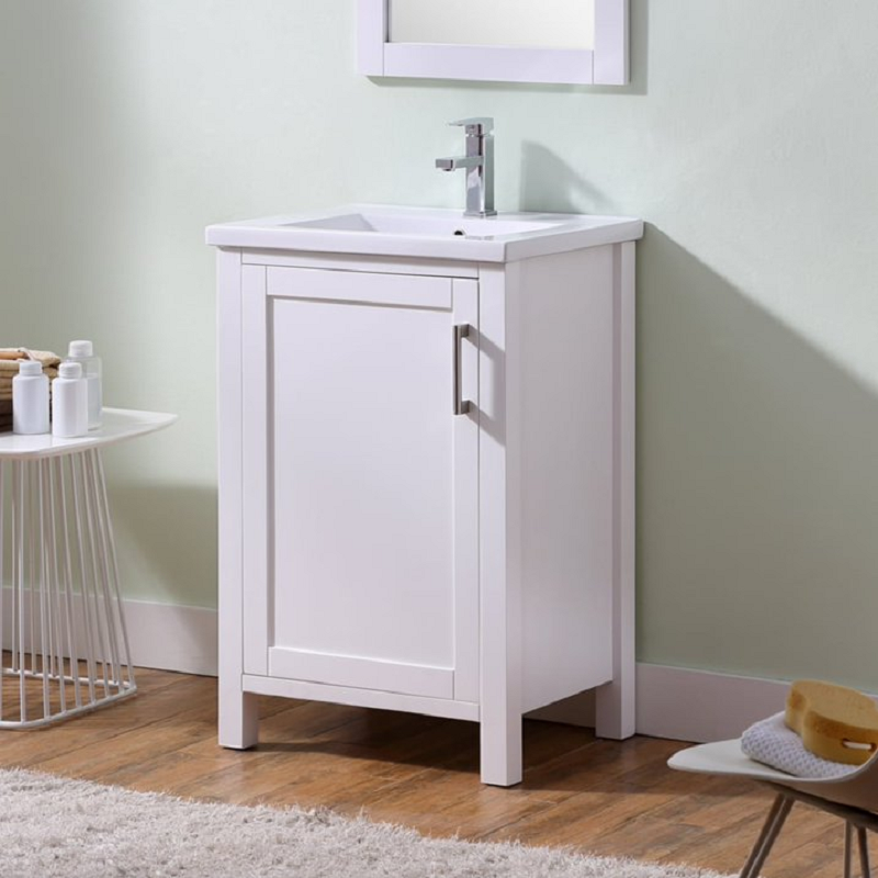INFURNITURE WB8124-W-ONE 24 INCH ONE DOOR SINGLE SINK BATHROOM VANITY IN WHITE WITH THICK CERAMIC TOP