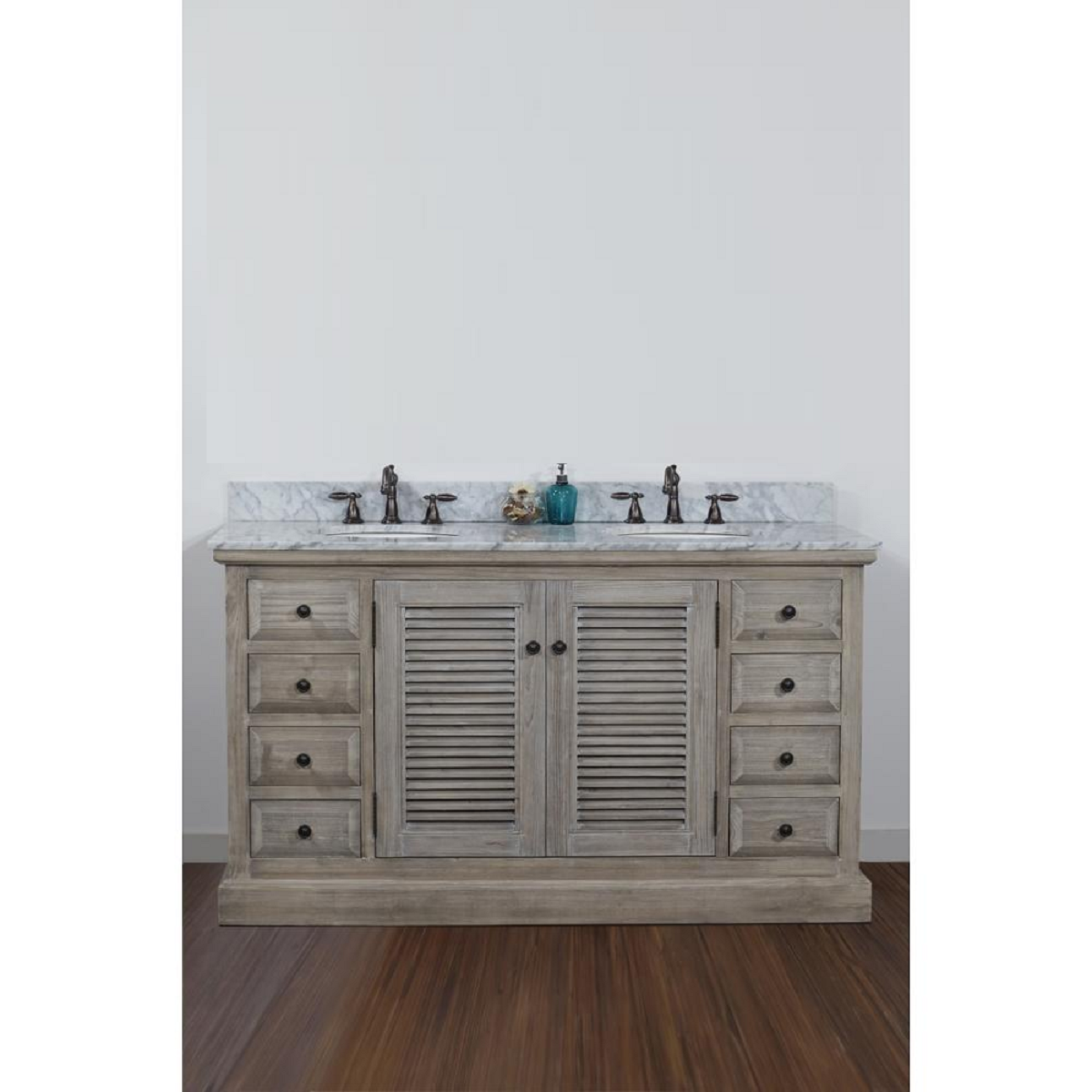 INFURNITURE WK1960+CW TOP 60 INCH SOLID RECYCLED FIR DOUBLE SINK VANITY WITH CARRARA WHITE MARBLE TOP