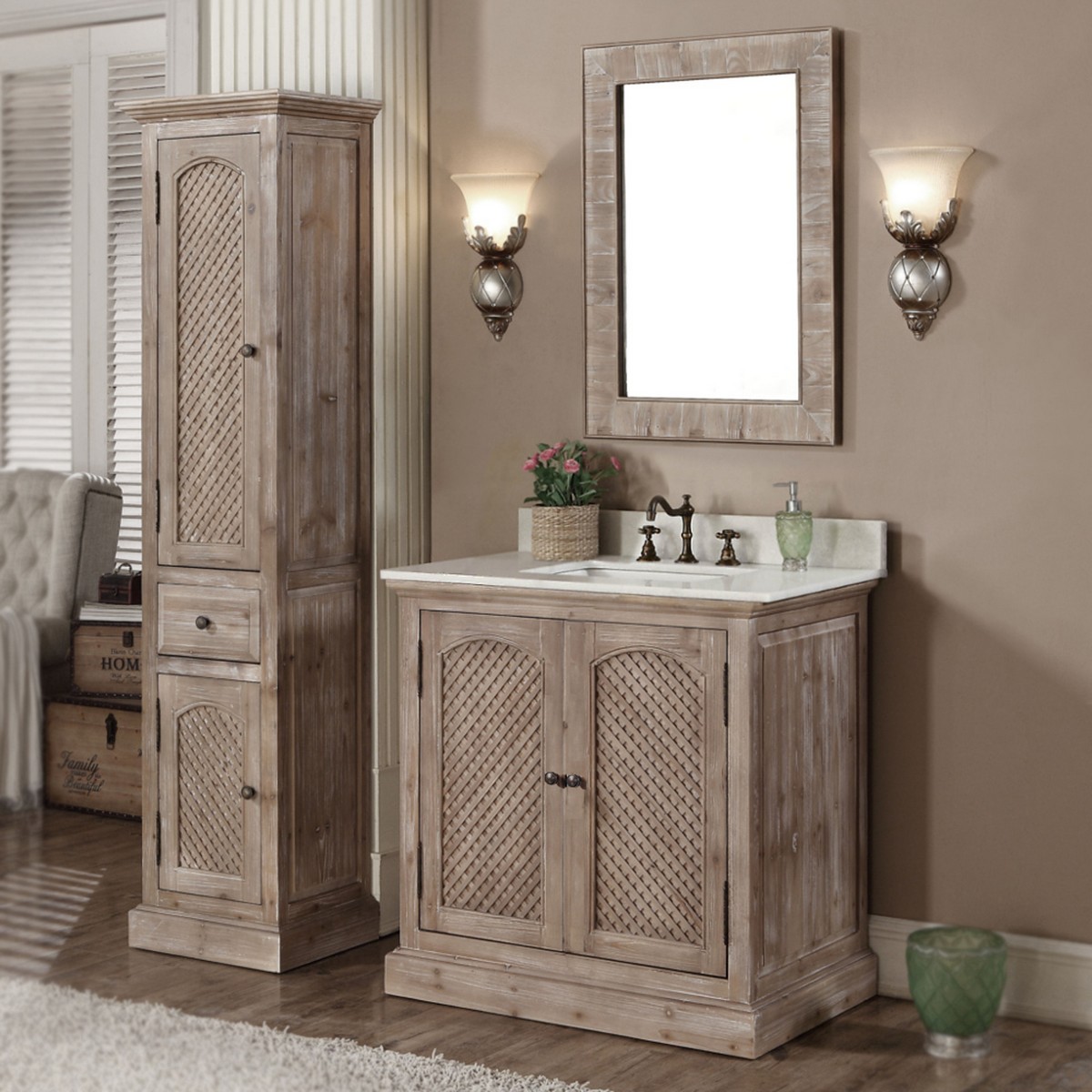 INFURNITURE WK8136+AP TOP 36 INCH SOLID RECYCLED FIR SINK VANITY WITH ARCTIC PEARL QUARTZ MARBLE TOP