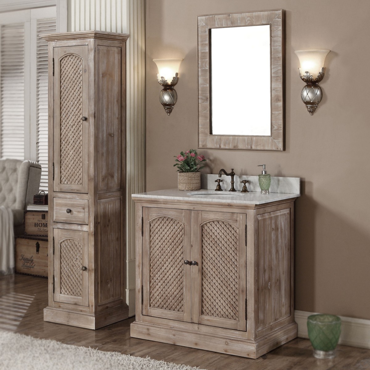 INFURNITURE WK8136+CW TOP 36 INCH SOLID RECYCLED FIR SINK VANITY WITH CARRARA WHITE MARBLE TOP