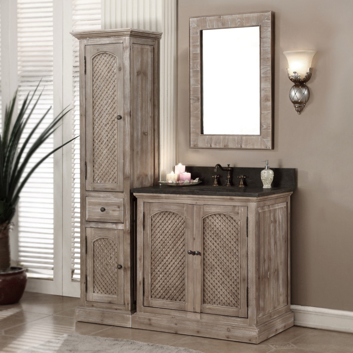 INFURNITURE WK8136+WK TOP 36 INCH SOLID RECYCLED FIR SINK VANITY WITH LIMESTONE TOP