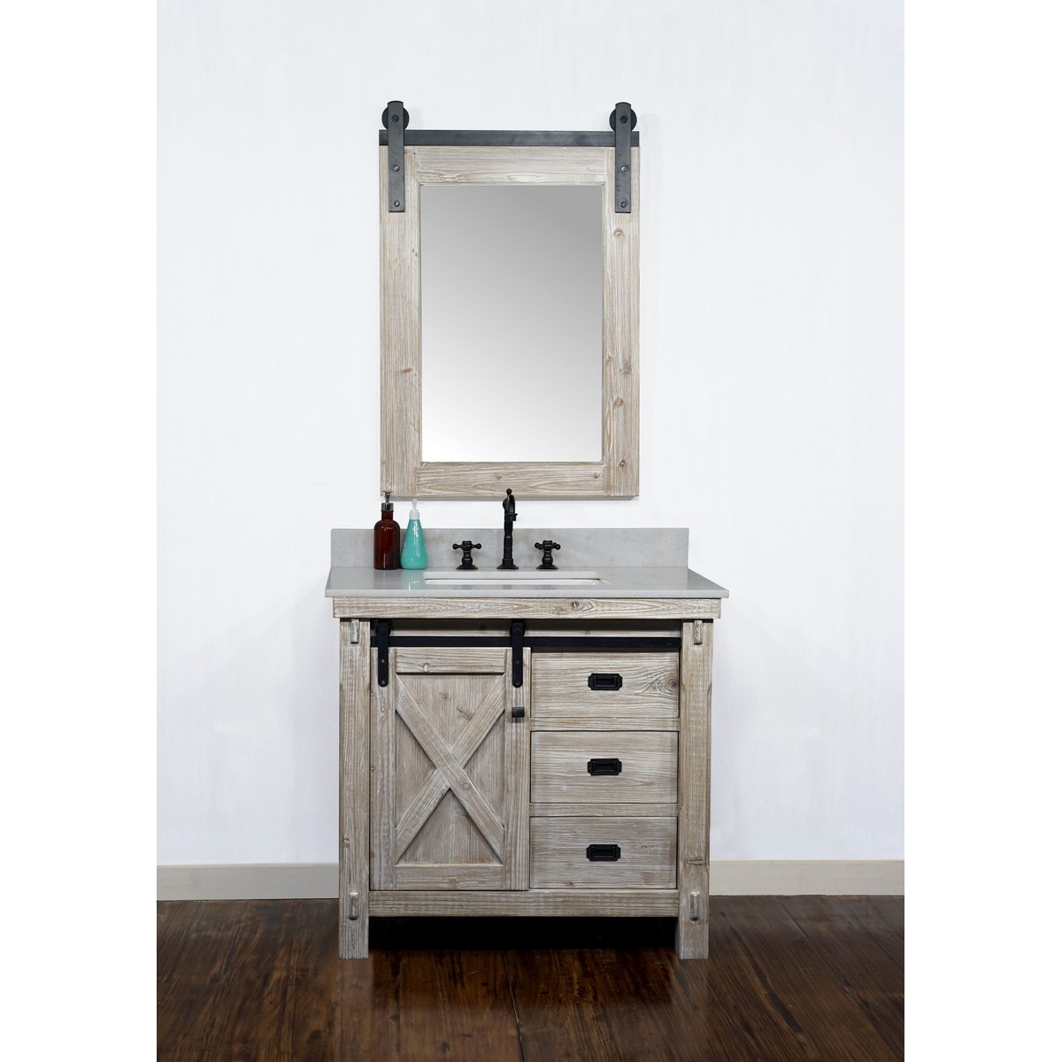 INFURNITURE WK8536+AP TOP 36 INCH RUSTIC SOLID FIR BARN DOOR STYLE SINGLE SINK VANITY WITH ARCTIC PEARL QUARTZ MARBLE TOP-NO FAUCET IN DRIFTWOOD