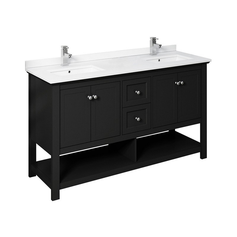FRESCA FCB2360BL-D-CWH-U MANCHESTER 60 INCH BLACK TRADITIONAL DOUBLE SINK BATHROOM CABINET WITH TOP AND SINKS