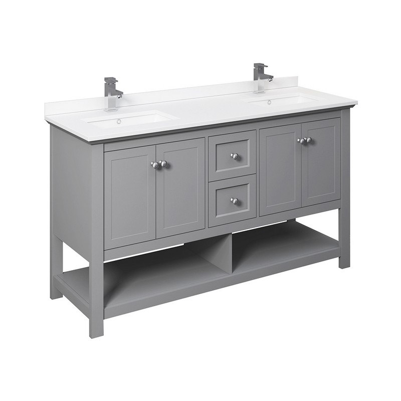 FRESCA FCB2360GR-D-CWH-U MANCHESTER 60 INCH GRAY TRADITIONAL DOUBLE SINK BATHROOM CABINET WITH TOP AND SINKS