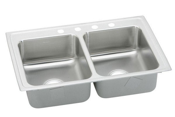 ELKAY LRADQ3319604 STAINLESS STEEL 33 L X 19-1/2 W X 6 D DOUBLE BOWL KITCHEN SINK, 4 FAUCET HOLES