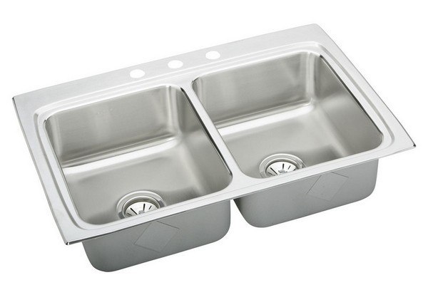 ELKAY LRQ33221 LUSTERTONE STAINLESS STEEL 33 L X 22 W X 8-1/8 D DOUBLE BOWL KITCHEN SINK, 1 FAUCET HOLE