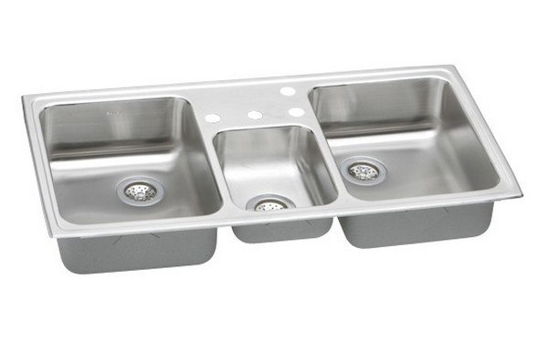 ELKAY PSMR43224 PACEMAKER STAINLESS STEEL 43 L X 22 W X 7-1/8 D TRIPLE BOWL TOP MOUNT KITCHEN SINK, 4 FAUCET HOLES