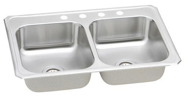 ELKAY CR33224 CELEBRITY 33 L X 22 W X 7 D DOUBLE BOWL KITCHEN SINK, 4 FAUCET HOLES