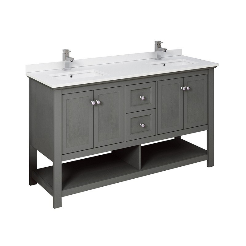 FRESCA FCB2360VG-D-CWH-U MANCHESTER REGAL 60 INCH GRAY WOOD VENEER TRADITIONAL DOUBLE SINK BATHROOM CABINET WITH TOP AND SINKS