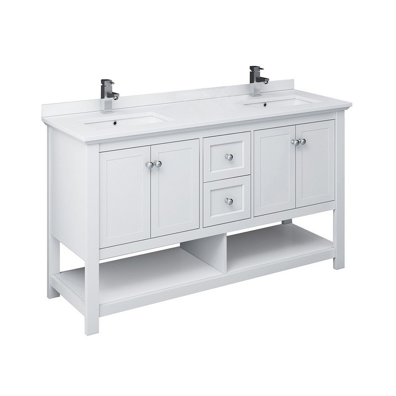 FRESCA FCB2360WH-D-CWH-U MANCHESTER 60 INCH WHITE TRADITIONAL DOUBLE SINK BATHROOM CABINET WITH TOP AND SINKS