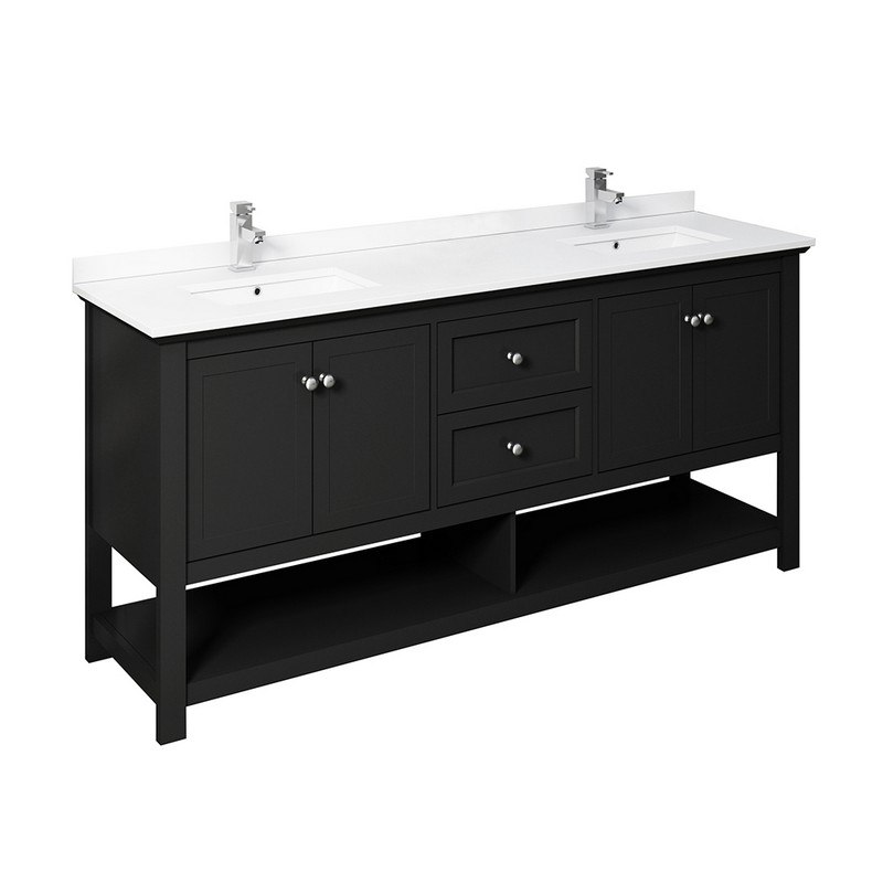 FRESCA FCB2372BL-D-CWH-U MANCHESTER 72 INCH BLACK TRADITIONAL DOUBLE SINK BATHROOM CABINET WITH TOP AND SINKS