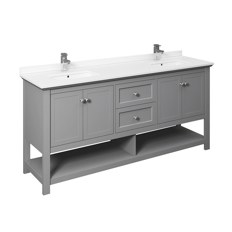 FRESCA FCB2372GR-D-CWH-U MANCHESTER 72 INCH GRAY TRADITIONAL DOUBLE SINK BATHROOM CABINET WITH TOP AND SINKS