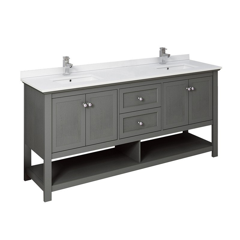 FRESCA FCB2372VG-D-CWH-U MANCHESTER REGAL 72 INCH GRAY WOOD VENEER TRADITIONAL DOUBLE SINK BATHROOM CABINET WITH TOP AND SINKS