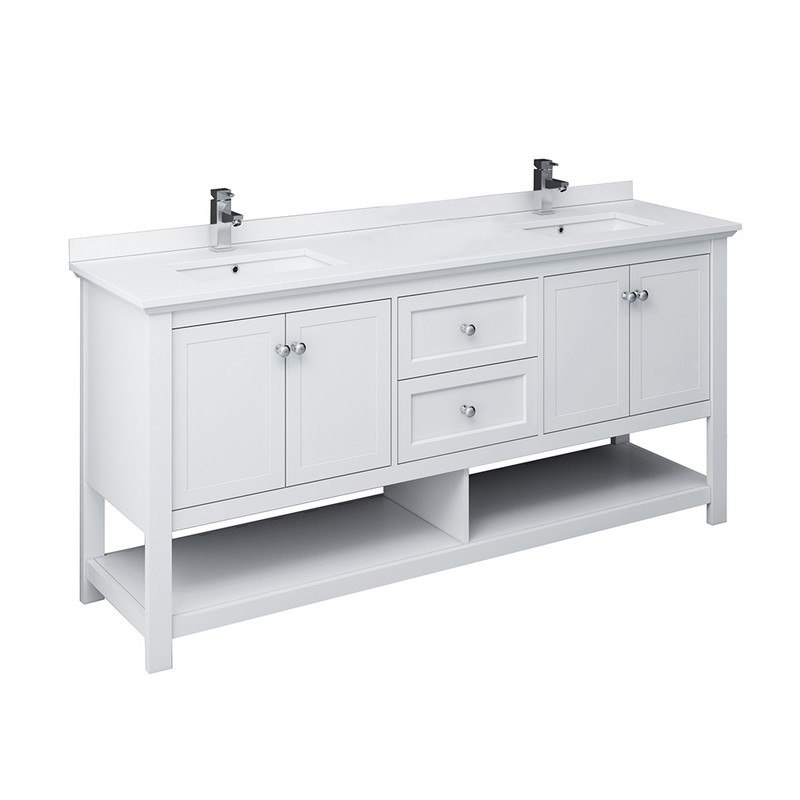 FRESCA FCB2372WH-D-CWH-U MANCHESTER 72 INCH WHITE TRADITIONAL DOUBLE SINK BATHROOM CABINET WITH TOP AND SINKS