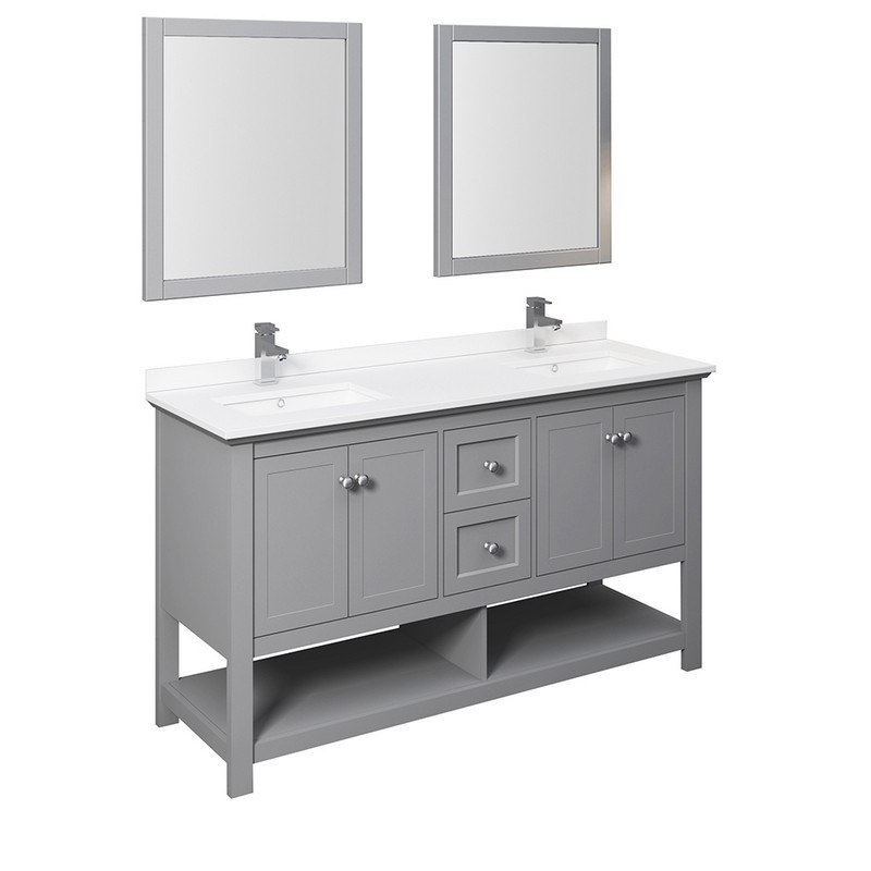 FRESCA FVN2360GR-D MANCHESTER 60 INCH GRAY TRADITIONAL DOUBLE SINK BATHROOM VANITY WITH MIRRORS