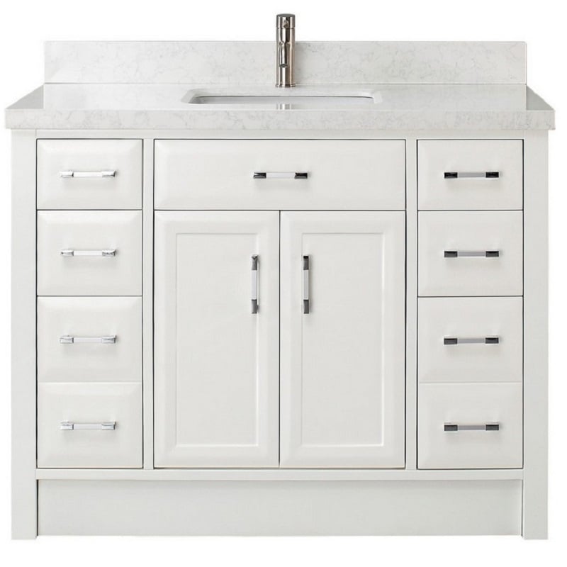 IKOU CA48 CALAIS 48 INCH ENGINEERED STONE COUNTERTOP SINGLE SINK BATHROOM VANITY WITH POWER BAR AND DRAWER ORGANIZER