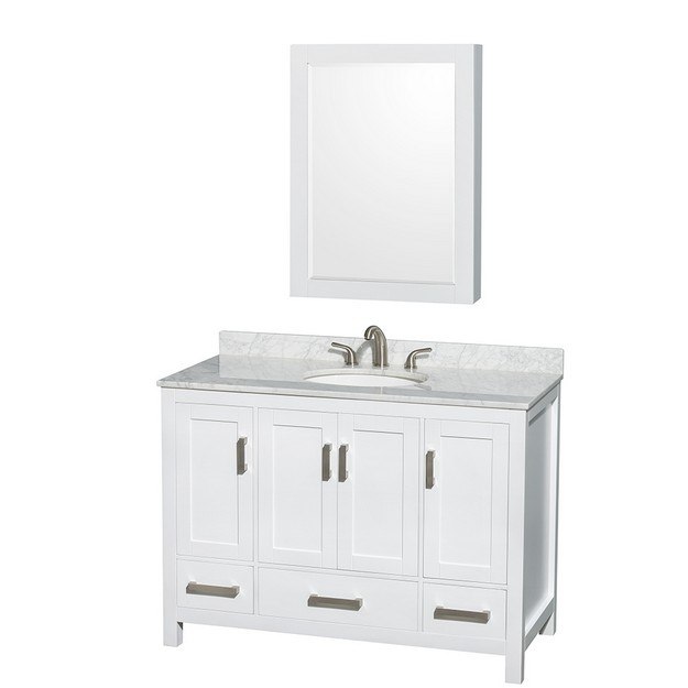 WYNDHAM COLLECTION WCS141448SWHCMUNOMED SHEFFIELD 48 INCH WHITE, WHITE CARRERA MARBLE COUNTERTOP, UNDERMOUNT OVAL SINK