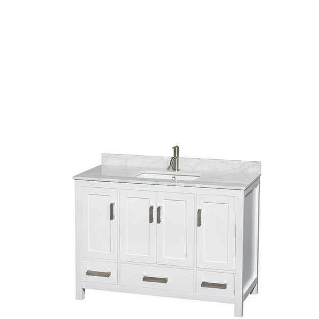 WYNDHAM COLLECTION WCS141448SWHCMUNSMXX SHEFFIELD 48 INCH WHITE, WHITE CARRERA MARBLE COUNTERTOP, UNDERMOUNT SQUARE SINK