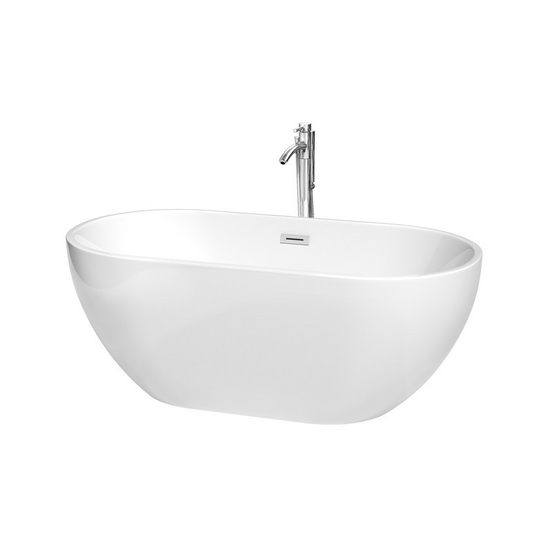 WYNDHAM COLLECTION WCOBT200060ATP11 BROOKLYN 60 INCH FREESTANDING BATHTUB IN WHITE WITH FLOOR MOUNTED FAUCET, DRAIN AND OVERFLOW TRIM