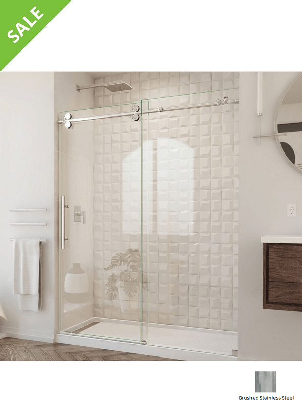 SALE! DREAMLINE SHDR-61607620-07 ENIGMA-XO 56-60 W X 76 H INCH FRAMELESS CLEAR GLASS SLIDING SHOWER DOOR WITH BRUSHED STAINLESS STEEL HARDWARE