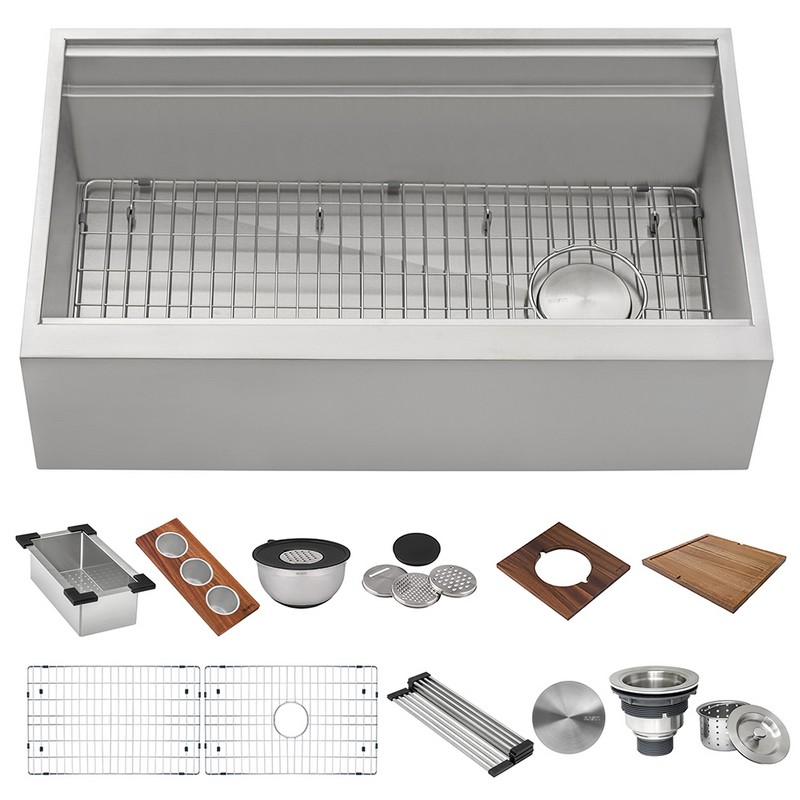 RUVATI RVH9333 DUAL TIER 45 INCH 16 GAUGE WORKSTATION TWO-TIERED LEDGE APRON-FRONT KITCHEN SINK - STAINLESS STEEL