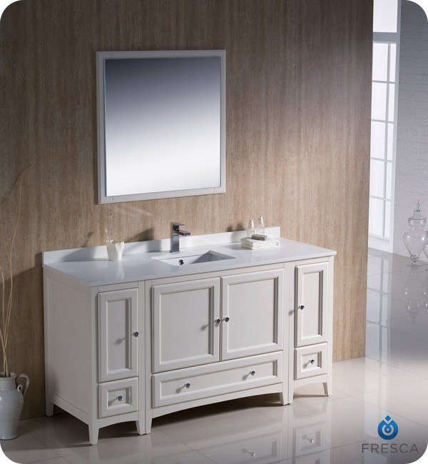 FRESCA FVN20-123612AW OXFORD 60 INCH ANTIQUE WHITE TRADITIONAL BATHROOM VANITY WITH 2 SIDE CABINETS