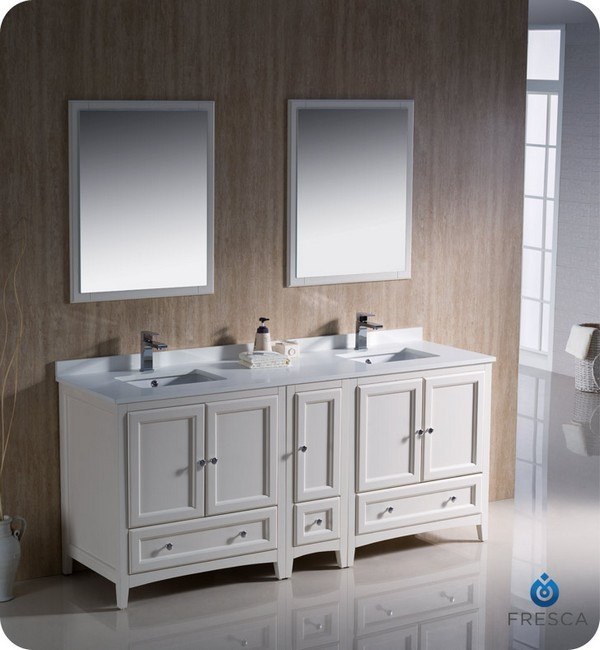 FRESCA FVN20-301230AW OXFORD 72 INCH ANTIQUE WHITE TRADITIONAL DOUBLE SINK BATHROOM VANITY WITH SIDE CABINET