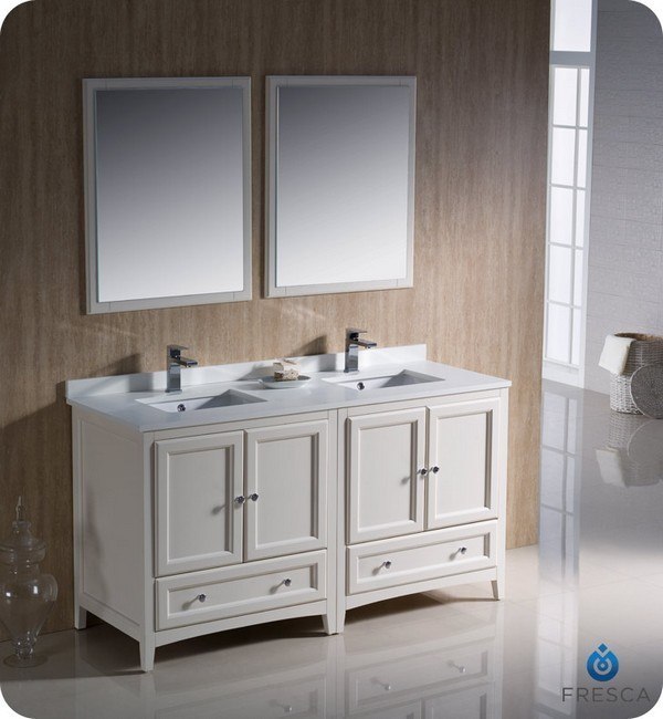 FRESCA FVN20-3030AW OXFORD 60 INCH ANTIQUE WHITE TRADITIONAL DOUBLE SINK BATHROOM VANITY