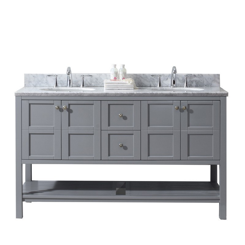 VIRTU USA ED-30060-WMRO-GR-00 WINTERFELL 60 INCH DOUBLE BATH VANITY IN GREY WITH MARBLE TOP AND ROUND SINK WITH FAUCET AND MIRROR