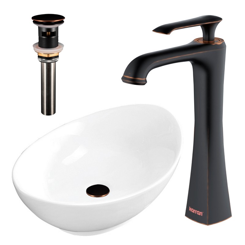 KARRAN VC301WH412ORB VALERA 22 7/8 INCH WHITE VITREOUS CHINA BATHROOM VESSEL SINK WITH OIL RUBBED BRONZE FAUCET AND DRAIN