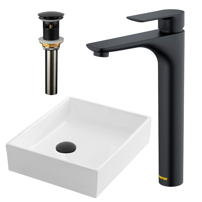KARRAN VC503WH422MB VALERA 15 1/2 INCH WHITE VITREOUS CHINA BATHROOM VESSEL SINK WITH MATTE BLACK FAUCET AND DRAIN