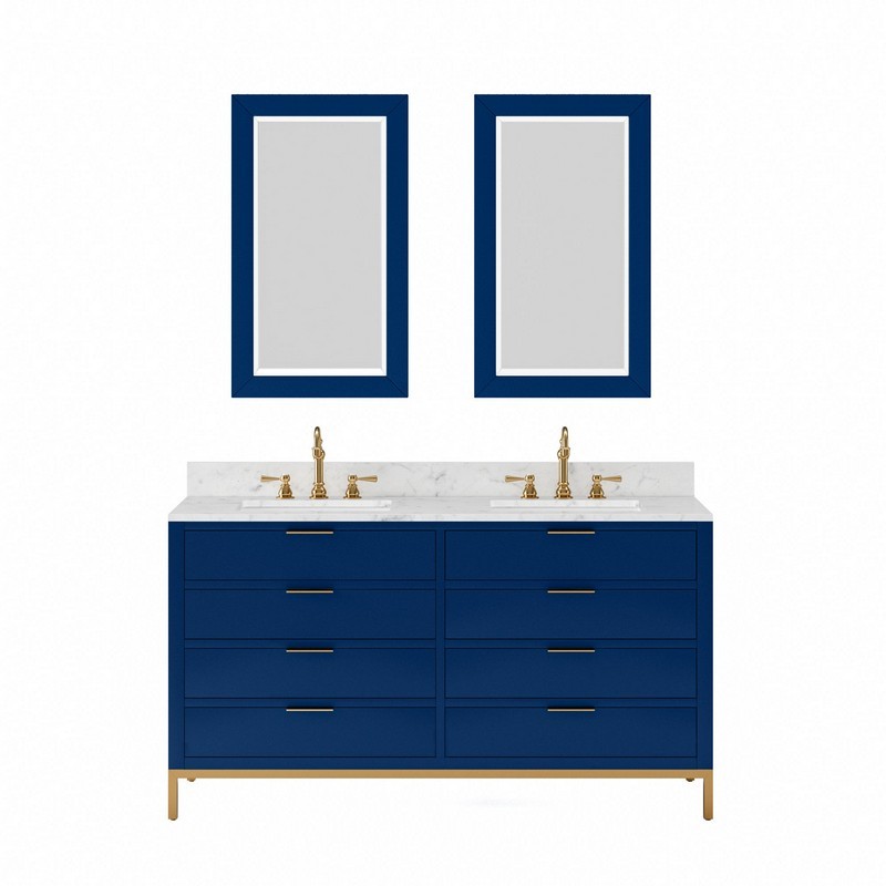 WATER CREATION BR60CW06-R21TL1206 BRISTOL 60 INCH DOUBLE SINK CARRARA WHITE MARBLE COUNTERTOP BATH VANITY WITH SATIN GOLD HOOK FAUCETS AND RECTANGULAR MIRRORS