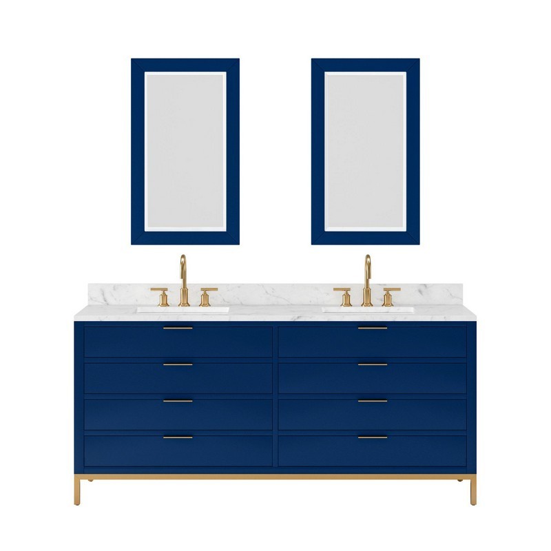 WATER CREATION BR72CW06-R21BL1406 BRISTOL 72 INCH DOUBLE SINK CARRARA WHITE MARBLE COUNTERTOP BATH VANITY WITH SATIN GOLD GOOSENECK FAUCETS AND RECTANGULAR MIRRORS