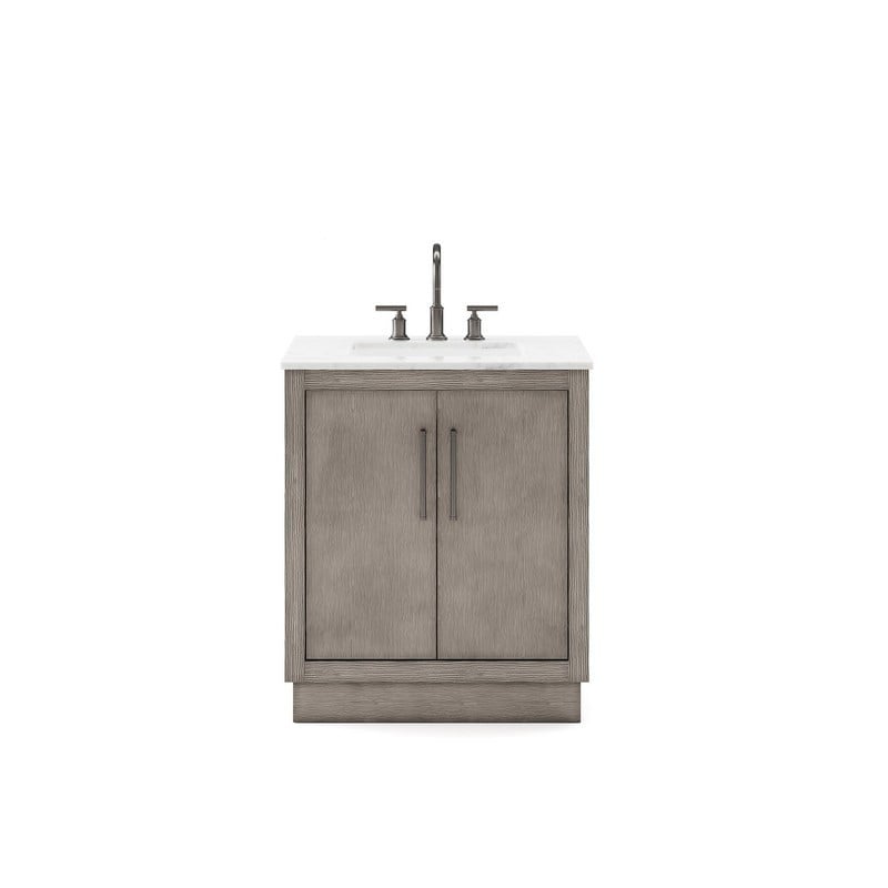 WATER CREATION HU30CWGK-000BL14 HUGO 30 INCH SINGLE SINK CARRARA WHITE MARBLE COUNTERTOP VANITY IN GREY OAK WITH GOOSENECK FAUCET