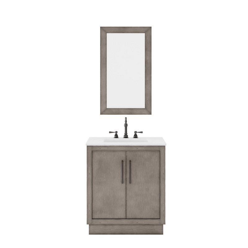 WATER CREATION HU30CWGK-R21000000 HUGO 30 INCH SINGLE SINK CARRARA WHITE MARBLE COUNTERTOP VANITY IN GREY OAK WITH MIRROR WITHOUT FAUCET