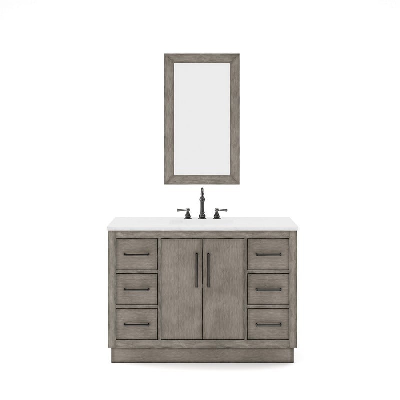 WATER CREATION HU48CWGK-R21TL12 HUGO 48 INCH SINGLE SINK CARRARA WHITE MARBLE COUNTERTOP VANITY IN GREY OAK WITH HOOK FAUCET AND MIRROR