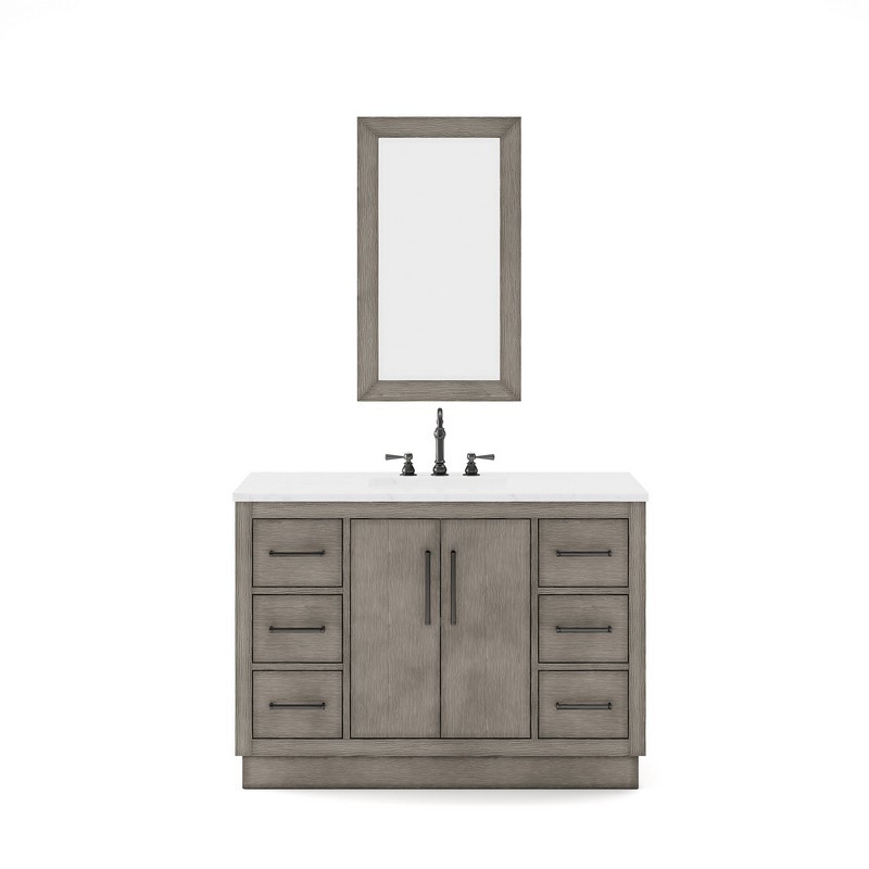WATER CREATION HU48CWGK-R21000000 HUGO 48 INCH SINGLE SINK CARRARA WHITE MARBLE COUNTERTOP VANITY IN GREY OAK WITH MIRROR WITHOUT FAUCET