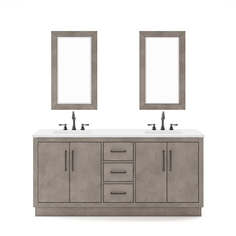WATER CREATION HU72CWGK-R21000000 HUGO 72 INCH DOUBLE SINK CARRARA WHITE MARBLE COUNTERTOP VANITY IN GREY OAK WITH MIRRORS WITHOUT FAUCET